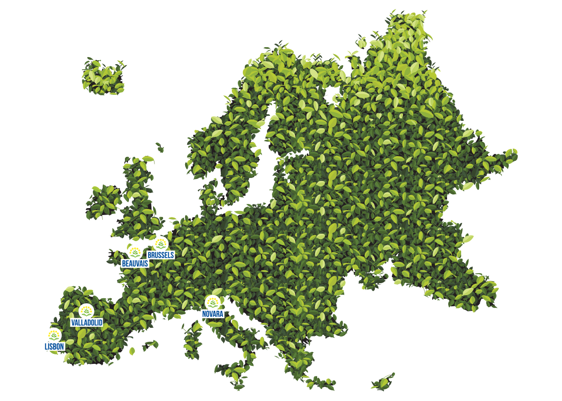carte d'Europe avec la localisation des villes des 5 établissements partenaires. Le fond de carte présente l'Europe en feuillages